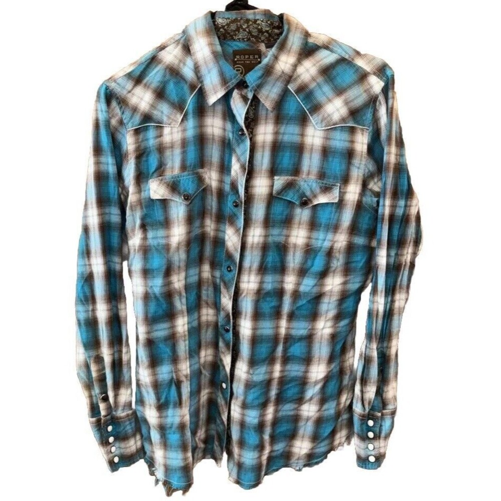 Roper Women L Long Sleeve Pearl Snap Western Shirt Blue Brown White Plaid